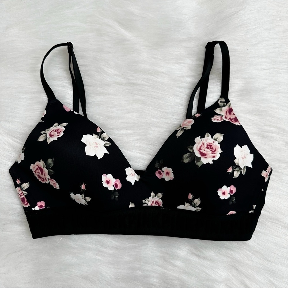 PINK Victoria’s Secret Black Floral Wear Everywhere Wireless Bra, Size 36B